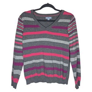 Izod V-Neck‎ Sweater Womens Large Striped Gray Pink Purple Pullover Long Sleeve